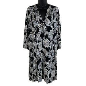 Banana Republic Size Med Black White Floral Tassel V Neck Midi Dress 3/4 Sleeve